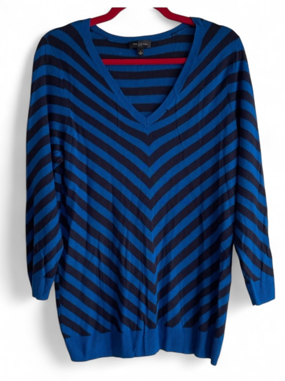The Limited Blue and Black V-Neck Chevron Striped Sweater Size L